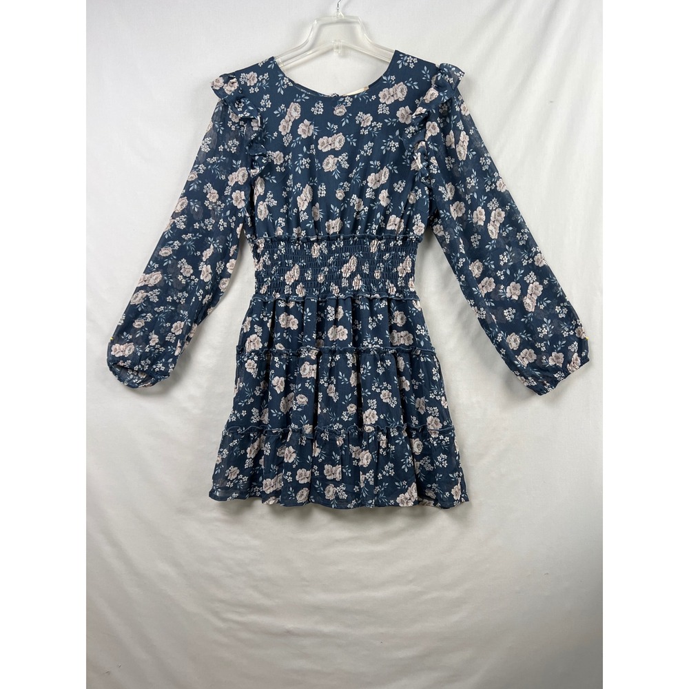 Altar'd State Floral Mini Dress Womens XL Navy Blue Smocked Ruffle Cottage Core